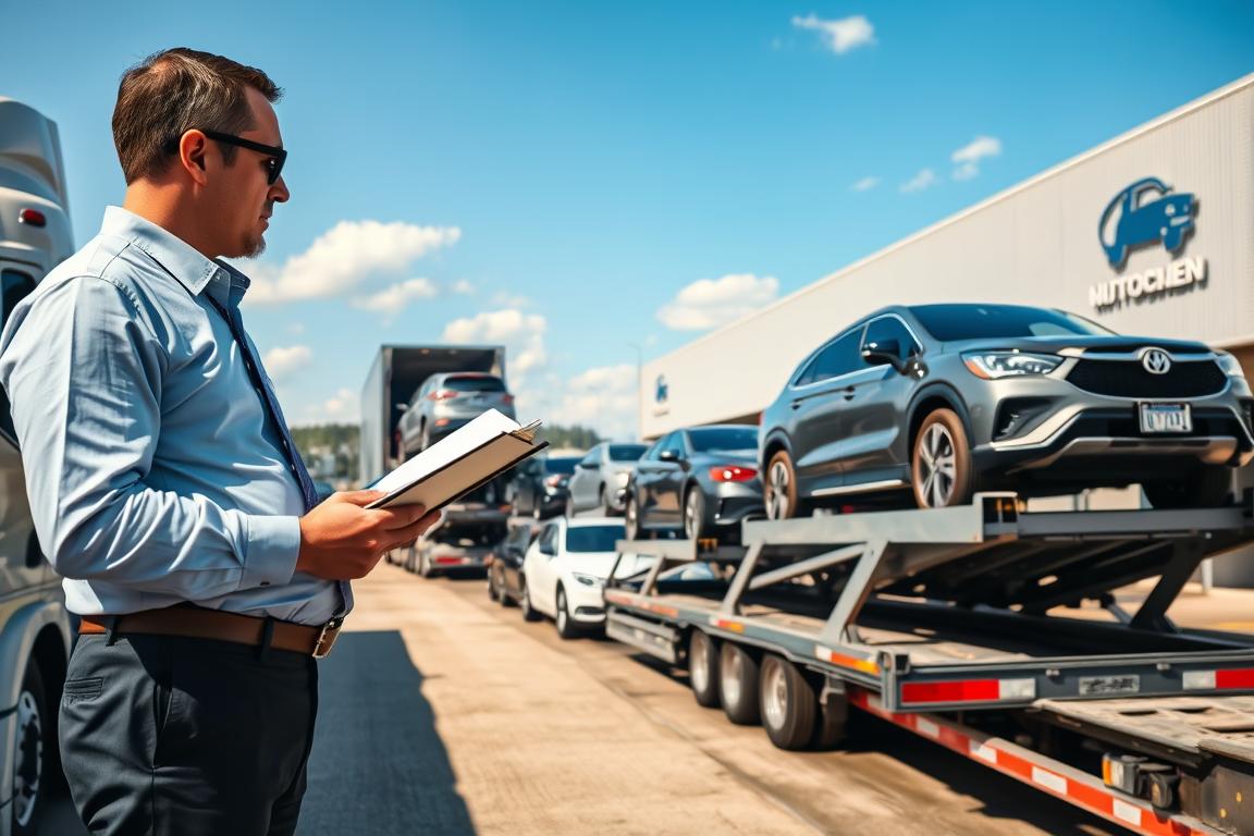 A bustling car shipping company in North Carolina, featuring an array of vehicles on transport trucks. In the foreground, a professional employee in business attire is inspecting a truck with a clipboard, showcasing diligence. The middle ground displays multiple loaded transport vehicles, including SUVs and sedans, ready for shipment. The background features a sunny day with a clear blue sky, complemented by a modern warehouse marked with the company logo. Soft lighting highlights the vibrant colors of the cars, enhancing their appeal. The atmosphere conveys trustworthiness and professionalism, emphasizing the importance of reliable auto transport for vehicle owners in North Carolina. The scene captures the essence of a bustling logistics hub focused on safe and secure car shipping. A bustling car shipping company in North Carolina, featuring an array of vehicles on transport trucks. In the foreground, a professional employee in business attire is inspecting a truck with a clipboard, showcasing diligence. The middle ground displays multiple loaded transport vehicles, including SUVs and sedans, ready for shipment. The background features a sunny day with a clear blue sky, complemented by a modern warehouse marked with the company logo. Soft lighting highlights the vibrant colors of the cars, enhancing their appeal. The atmosphere conveys trustworthiness and professionalism, emphasizing the importance of reliable auto transport for vehicle owners in North Carolina. The scene captures the essence of a bustling logistics hub focused on safe and secure car shipping.