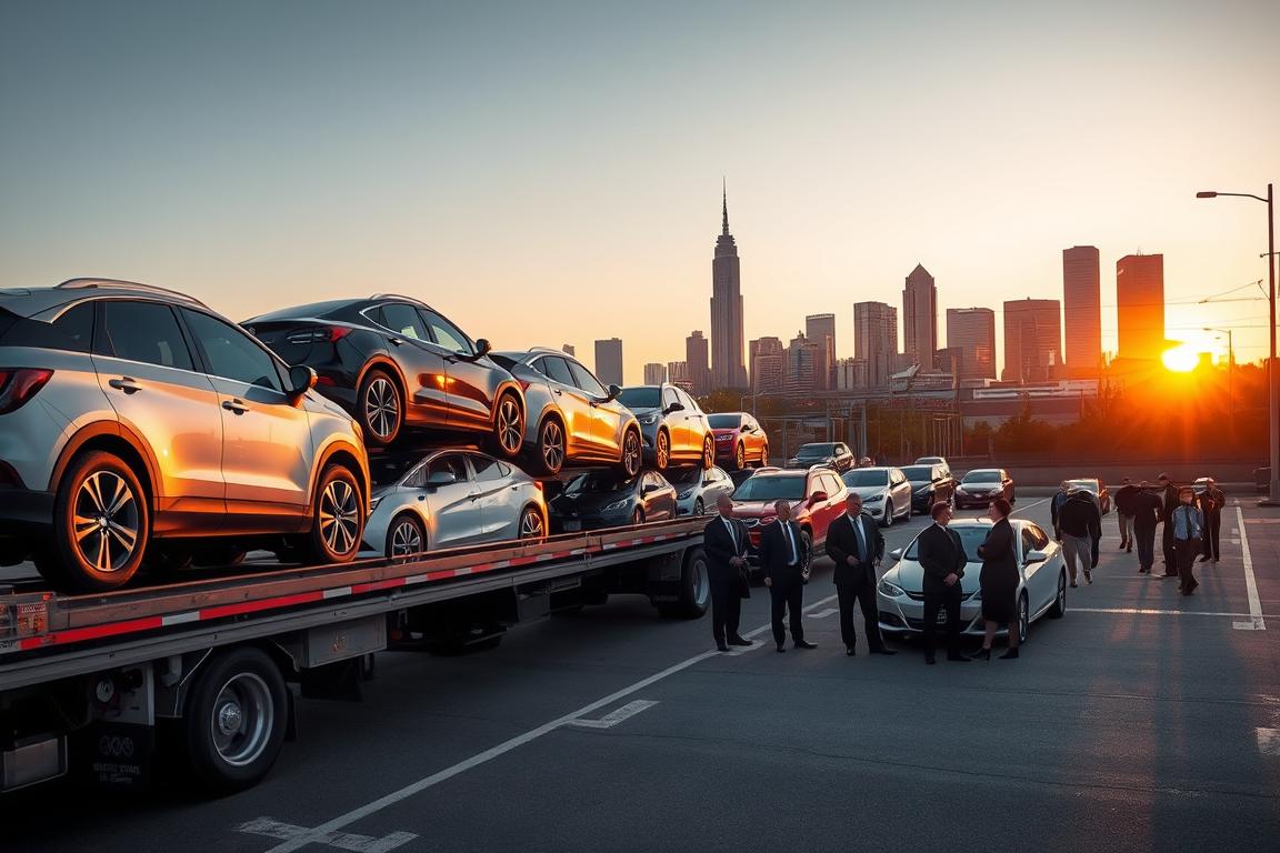 A bustling car shipping terminal in Charlotte, NC, during the golden hour of sunset. In the foreground, a transport truck loaded with several well-maintained vehicles, showcasing a diverse array of cars including sedans, SUVs, and electric vehicles, emphasizes the car shipping process. In the middle ground, a team of professional staff members dressed in smart business attire is supervising the loading process, ensuring safety and efficiency. In the background, the iconic Charlotte skyline is visible, bathed in warm sunset hues, conveying a sense of location and community. The lighting is soft yet vibrant, casting elongated shadows and highlighting the reflective surfaces of the cars. The overall mood is industrious yet serene, capturing the essence of car transport logistics in a vibrant city. A bustling car shipping terminal in Charlotte, NC, during the golden hour of sunset. In the foreground, a transport truck loaded with several well-maintained vehicles, showcasing a diverse array of cars including sedans, SUVs, and electric vehicles, emphasizes the car shipping process. In the middle ground, a team of professional staff members dressed in smart business attire is supervising the loading process, ensuring safety and efficiency. In the background, the iconic Charlotte skyline is visible, bathed in warm sunset hues, conveying a sense of location and community. The lighting is soft yet vibrant, casting elongated shadows and highlighting the reflective surfaces of the cars. The overall mood is industrious yet serene, capturing the essence of car transport logistics in a vibrant city.