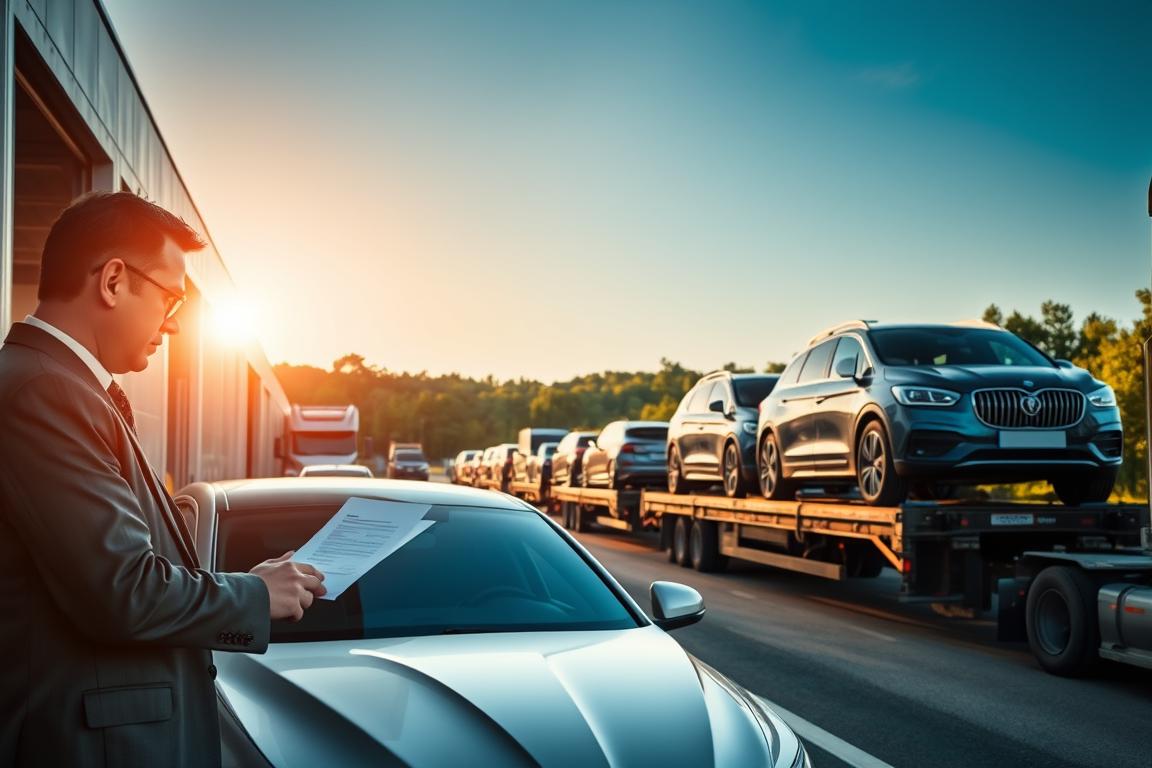 A bustling car shipping terminal in North Carolina during the golden hour, showcasing an array of vehicles being loaded onto transport trucks. In the foreground, a professional-looking employee in business attire inspects paperwork while standing beside a shiny sedan. In the middle ground, several large car carriers are lined up, each with cars securely fastened for transit, creating a sense of organized activity. The background features lush greenery typical of North Carolina, with a clear blue sky providing natural lighting. The scene captures a sense of reliability and trust in car shipping, with a warm and inviting atmosphere, reflecting the professionalism of car transport services. The angle is slightly elevated, giving a comprehensive view of the operations without any distractions. A bustling car shipping terminal in North Carolina during the golden hour, showcasing an array of vehicles being loaded onto transport trucks. In the foreground, a professional-looking employee in business attire inspects paperwork while standing beside a shiny sedan. In the middle ground, several large car carriers are lined up, each with cars securely fastened for transit, creating a sense of organized activity. The background features lush greenery typical of North Carolina, with a clear blue sky providing natural lighting. The scene captures a sense of reliability and trust in car shipping, with a warm and inviting atmosphere, reflecting the professionalism of car transport services. The angle is slightly elevated, giving a comprehensive view of the operations without any distractions.