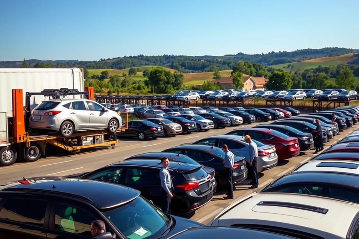A bustling car shipping yard in Tennessee, showing rows of cars ready for transport. In the foreground, a well-organized loading area with a transport truck loading multiple vehicles, emphasizing the logistics of long-distance shipping. The middle ground features employees in professional attire, inspecting and preparing the cars, showcasing a sense of diligence and care in their work. The background captures the beautiful rolling hills of Tennessee, with trees and the iconic blue sky. The lighting is bright and natural, suggesting a sunny day, with soft shadows casting over the scene. The mood is industrious yet calm, highlighting professionalism in the car shipping industry. The angle is slightly elevated to provide a comprehensive view of the yard and surrounding landscape, emphasizing the scale of operations. A bustling car shipping yard in Tennessee, showing rows of cars ready for transport. In the foreground, a well-organized loading area with a transport truck loading multiple vehicles, emphasizing the logistics of long-distance shipping. The middle ground features employees in professional attire, inspecting and preparing the cars, showcasing a sense of diligence and care in their work. The background captures the beautiful rolling hills of Tennessee, with trees and the iconic blue sky. The lighting is bright and natural, suggesting a sunny day, with soft shadows casting over the scene. The mood is industrious yet calm, highlighting professionalism in the car shipping industry. The angle is slightly elevated to provide a comprehensive view of the yard and surrounding landscape, emphasizing the scale of operations.