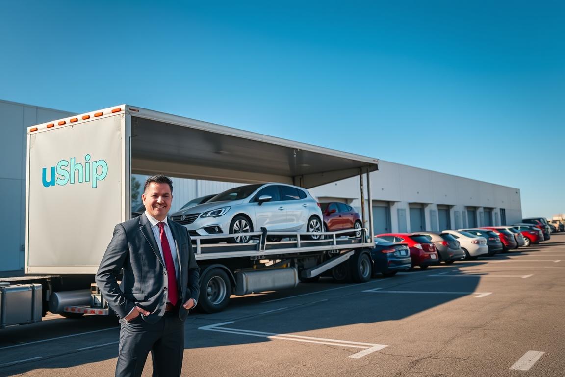 A busy car shipping service scene showcasing uShip's operations. In the foreground, a friendly, professional truck driver in business attire stands beside a state-of-the-art transport truck loaded with several cars securely strapped down, displaying a clean and polished logo of uShip. In the middle ground, a variety of vehicles awaiting shipment line a parking area, highlighting compact cars, SUVs, and luxury models. The background features an expansive warehouse with large loading bays under bright, natural sunlight, creating a vibrant atmosphere. The sky is clear blue, enhancing the feeling of reliability and efficiency in the transportation service. The composition is slightly angled to emphasize the height of the transport truck, while maintaining a wide-angle perspective to capture the full busy environment, evoking a sense of trust and professionalism. A busy car shipping service scene showcasing uShip's operations. In the foreground, a friendly, professional truck driver in business attire stands beside a state-of-the-art transport truck loaded with several cars securely strapped down, displaying a clean and polished logo of uShip. In the middle ground, a variety of vehicles awaiting shipment line a parking area, highlighting compact cars, SUVs, and luxury models. The background features an expansive warehouse with large loading bays under bright, natural sunlight, creating a vibrant atmosphere. The sky is clear blue, enhancing the feeling of reliability and efficiency in the transportation service. The composition is slightly angled to emphasize the height of the transport truck, while maintaining a wide-angle perspective to capture the full busy environment, evoking a sense of trust and professionalism.