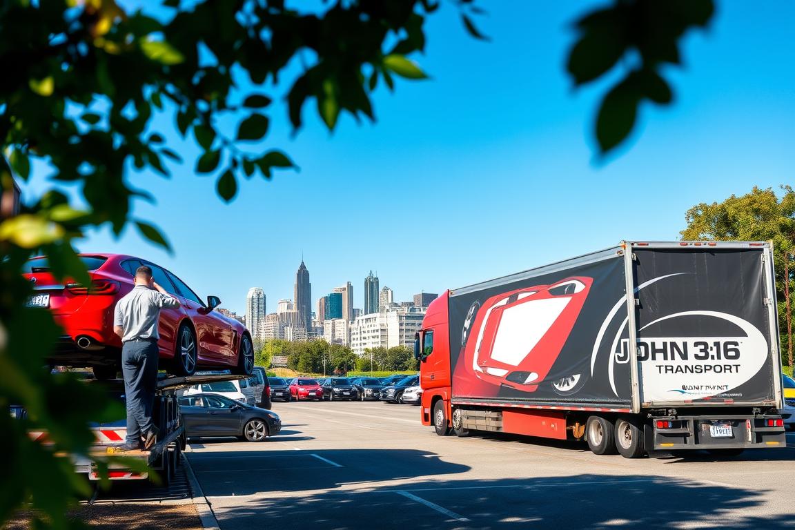 A busy car shipping yard in Charlotte, North Carolina, showcasing a variety of vehicles on transport trucks ready for shipment. In the foreground, a bright red car is being carefully loaded onto a truck by a professional in a uniform, symbolizing Montway's reliability. In the middle ground, another truck adorned with the logo of John 3:16 Transport stands parked, featuring a diverse range of cars, including sedans and SUVs. The background captures the Charlotte skyline under a clear blue sky, with lush greenery framing the scene, creating a vibrant atmosphere. Soft sunlight highlights the vehicles, casting gentle shadows, while a slight depth of field blurs the distant buildings, drawing focus to the shipping activity. The overall mood conveys professionalism and trust in the car shipping industry. A busy car shipping yard in Charlotte, North Carolina, showcasing a variety of vehicles on transport trucks ready for shipment. In the foreground, a bright red car is being carefully loaded onto a truck by a professional in a uniform, symbolizing Montway's reliability. In the middle ground, another truck adorned with the logo of John 3:16 Transport stands parked, featuring a diverse range of cars, including sedans and SUVs. The background captures the Charlotte skyline under a clear blue sky, with lush greenery framing the scene, creating a vibrant atmosphere. Soft sunlight highlights the vehicles, casting gentle shadows, while a slight depth of field blurs the distant buildings, drawing focus to the shipping activity. The overall mood conveys professionalism and trust in the car shipping industry.