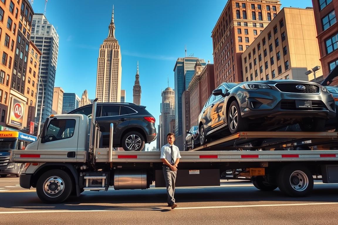 A busy urban scene depicting a car shipping pickup and delivery operation. In the foreground, a well-maintained flatbed truck is parked, with an auto transport trailer loaded with several vehicles, including a family SUV and a sports car, showcasing the variety in auto transport. The middle ground features a professional driver in a smart uniform inspecting the vehicles, emphasizing attention to detail and care in service. In the background, a bustling New York City street with recognizable landmarks, under a clear blue sky complemented by soft, warm sunlight, creating a positive and efficient atmosphere. The composition should have a slightly elevated angle for depth, capturing the essence of auto transport logistics in an urban environment. A busy urban scene depicting a car shipping pickup and delivery operation. In the foreground, a well-maintained flatbed truck is parked, with an auto transport trailer loaded with several vehicles, including a family SUV and a sports car, showcasing the variety in auto transport. The middle ground features a professional driver in a smart uniform inspecting the vehicles, emphasizing attention to detail and care in service. In the background, a bustling New York City street with recognizable landmarks, under a clear blue sky complemented by soft, warm sunlight, creating a positive and efficient atmosphere. The composition should have a slightly elevated angle for depth, capturing the essence of auto transport logistics in an urban environment.