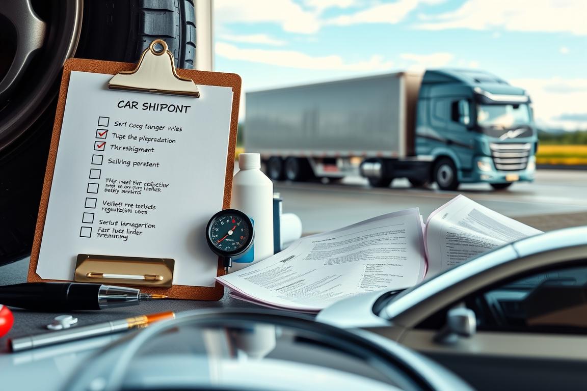 A detailed pre-shipment checklist for car shipping, featuring a neatly arranged clipboard with a checklist, several essential vehicle preparation items like a tire pressure gauge, a fuel level indicator, and car cleaning supplies. In the foreground, a well-organized workspace with a modern car model partially visible, emphasizing a sense of readiness. The middle ground showcases open paperwork detailing transportation regulations and vehicle documents. In the background, a car transport truck parked with a clear blue sky, symbolizing a smooth shipping process. Soft, natural lighting illuminates the scene, creating a professional and calm atmosphere. The image should convey meticulous planning and attention to detail, perfect for conveying the importance of vehicle preparation in auto transport. A detailed pre-shipment checklist for car shipping, featuring a neatly arranged clipboard with a checklist, several essential vehicle preparation items like a tire pressure gauge, a fuel level indicator, and car cleaning supplies. In the foreground, a well-organized workspace with a modern car model partially visible, emphasizing a sense of readiness. The middle ground showcases open paperwork detailing transportation regulations and vehicle documents. In the background, a car transport truck parked with a clear blue sky, symbolizing a smooth shipping process. Soft, natural lighting illuminates the scene, creating a professional and calm atmosphere. The image should convey meticulous planning and attention to detail, perfect for conveying the importance of vehicle preparation in auto transport.