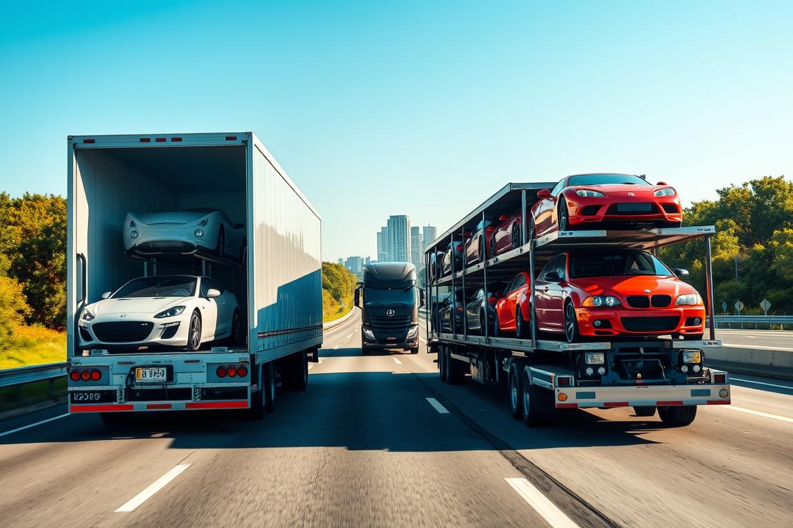 A dynamic scene showcasing car shipping, focusing on both open and enclosed carriers. In the foreground, a well-organized open carrier with cars securely loaded, painted in bright colors, reflecting a sunny day. To the left, an enclosed carrier with sleek, luxury cars visible through its transparent panels, exuding elegance. In the middle ground, a transport truck maneuvering smoothly on a highway, surrounded by lush greenery and occasional city buildings in the distance. The background features a clear blue sky, casting natural light over the scene. The atmosphere is professional and efficient, highlighting the importance of choosing the right transport type for auto transport. Consider a slight tilt-angle for a dramatic perspective, emphasizing the scale of the carriers against the roadside environment. A dynamic scene showcasing car shipping, focusing on both open and enclosed carriers. In the foreground, a well-organized open carrier with cars securely loaded, painted in bright colors, reflecting a sunny day. To the left, an enclosed carrier with sleek, luxury cars visible through its transparent panels, exuding elegance. In the middle ground, a transport truck maneuvering smoothly on a highway, surrounded by lush greenery and occasional city buildings in the distance. The background features a clear blue sky, casting natural light over the scene. The atmosphere is professional and efficient, highlighting the importance of choosing the right transport type for auto transport. Consider a slight tilt-angle for a dramatic perspective, emphasizing the scale of the carriers against the roadside environment.