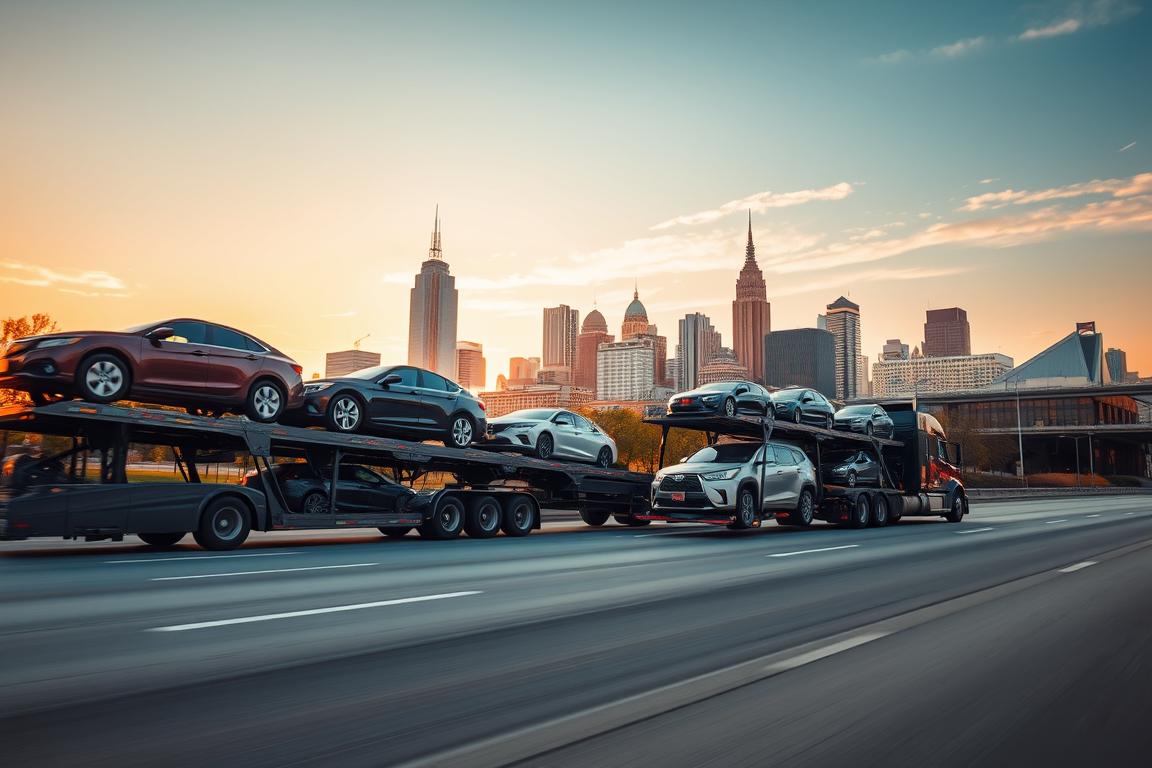 A dynamic scene showcasing car transport in Nashville, Tennessee. In the foreground, a sleek car carrier truck, loaded with vehicles, showcases a variety of cars, emphasizing the bustling car shipping industry. In the middle ground, the iconic Nashville skyline is visible, featuring famous landmarks such as the AT&T Building and the Country Music Hall of Fame, blending urban aesthetics with the hustle of car transport. The background features a vibrant sunset, casting warm tones that enhance the atmosphere, while a clear blue sky contrasts with the silhouette of the city. The scene is captured at a slight angle, providing depth, and highlights the professional nature of the moving process. Soft golden hour lighting adds an inviting glow, creating a sense of warmth and reliability essential for long-distance car shipping. The mood reflects industrious energy mixed with the charm of Nashville’s urban landscape. A dynamic scene showcasing car transport in Nashville, Tennessee. In the foreground, a sleek car carrier truck, loaded with vehicles, showcases a variety of cars, emphasizing the bustling car shipping industry. In the middle ground, the iconic Nashville skyline is visible, featuring famous landmarks such as the AT&T Building and the Country Music Hall of Fame, blending urban aesthetics with the hustle of car transport. The background features a vibrant sunset, casting warm tones that enhance the atmosphere, while a clear blue sky contrasts with the silhouette of the city. The scene is captured at a slight angle, providing depth, and highlights the professional nature of the moving process. Soft golden hour lighting adds an inviting glow, creating a sense of warmth and reliability essential for long-distance car shipping. The mood reflects industrious energy mixed with the charm of Nashville’s urban landscape.