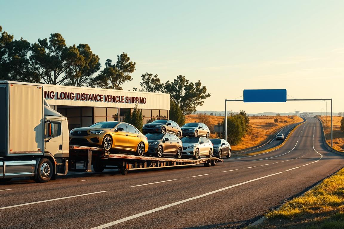 A long-distance car shipping scene featuring a professional, well-organized car transport service. In the foreground, a large, modern car carrier truck is parked with several vehicles securely loaded, showcasing different car makes and models. The middle ground includes a facility with a welcoming office displaying a sign for "Long-Distance Vehicle Shipping," surrounded by trees and a clear blue sky. In the background, a winding highway extends into the distance, symbolizing the journey ahead. The lighting is warm and bright, suggesting a sunny day, with soft shadows cast by the trees. The overall atmosphere conveys reliability and professionalism, ideal for vehicle owners looking for trustworthy shipping options. No people are visible, ensuring a focus on the car transport theme without distractions. A long-distance car shipping scene featuring a professional, well-organized car transport service. In the foreground, a large, modern car carrier truck is parked with several vehicles securely loaded, showcasing different car makes and models. The middle ground includes a facility with a welcoming office displaying a sign for "Long-Distance Vehicle Shipping," surrounded by trees and a clear blue sky. In the background, a winding highway extends into the distance, symbolizing the journey ahead. The lighting is warm and bright, suggesting a sunny day, with soft shadows cast by the trees. The overall atmosphere conveys reliability and professionalism, ideal for vehicle owners looking for trustworthy shipping options. No people are visible, ensuring a focus on the car transport theme without distractions.