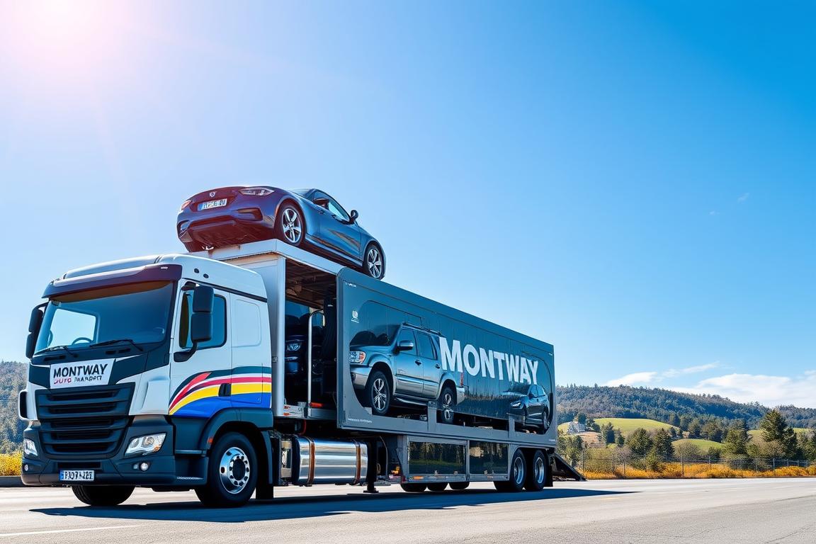 A modern auto transport truck featuring the Montway Auto Transport logo in vibrant colors, positioned in the foreground. The truck is loaded with several vehicles securely strapped to the transport deck, showcasing various car models, including sedans and SUVs. In the middle ground, a clear blue sky reflects the bright sunlight, enhancing the visibility of the truck and its cargo. In the background, a scenic view of North Carolina’s lush landscape, including rolling hills and pine trees, symbolizes the regional context. The atmosphere is professional and reliable, conveying trust and dependability. The angle is slightly tilted upwards to emphasize the height of the transport truck, capturing a sense of movement and efficiency in auto shipping. The lighting is bright and cheerful, creating an inviting and positive vibe. A modern auto transport truck featuring the Montway Auto Transport logo in vibrant colors, positioned in the foreground. The truck is loaded with several vehicles securely strapped to the transport deck, showcasing various car models, including sedans and SUVs. In the middle ground, a clear blue sky reflects the bright sunlight, enhancing the visibility of the truck and its cargo. In the background, a scenic view of North Carolina’s lush landscape, including rolling hills and pine trees, symbolizes the regional context. The atmosphere is professional and reliable, conveying trust and dependability. The angle is slightly tilted upwards to emphasize the height of the transport truck, capturing a sense of movement and efficiency in auto shipping. The lighting is bright and cheerful, creating an inviting and positive vibe.