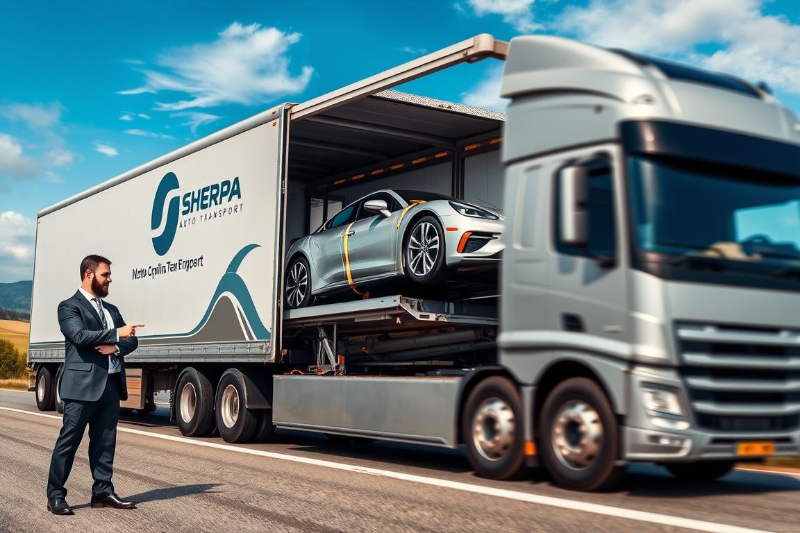 A modern auto transport truck in motion, showcasing the Sherpa Auto Transport logo prominently on the side. In the foreground, a focused professional in business attire stands beside the truck, pointing towards the vehicle being loaded, symbolizing efficiency and expertise. The middle layer features a sleek, well-maintained car being securely loaded onto the transport truck, highlighting safety measures like straps and padding. The background reveals a scenic North Carolina landscape with rolling hills and a vibrant blue sky, evoking a sense of trust and reliability. The lighting is bright and natural, emphasizing the professionalism of the service. The image conveys a mood of confidence, reliability, and service excellence in auto transport. A modern auto transport truck in motion, showcasing the Sherpa Auto Transport logo prominently on the side. In the foreground, a focused professional in business attire stands beside the truck, pointing towards the vehicle being loaded, symbolizing efficiency and expertise. The middle layer features a sleek, well-maintained car being securely loaded onto the transport truck, highlighting safety measures like straps and padding. The background reveals a scenic North Carolina landscape with rolling hills and a vibrant blue sky, evoking a sense of trust and reliability. The lighting is bright and natural, emphasizing the professionalism of the service. The image conveys a mood of confidence, reliability, and service excellence in auto transport.