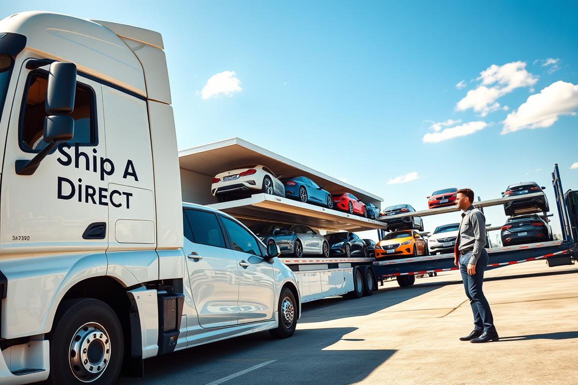 A modern car shipping company scene set outdoors on a sunny day, showcasing a large, sleek transport truck emblazoned with the logo "Ship A Car Direct." In the foreground, the truck is parked next to a pristine, shiny car being carefully loaded. The truck driver, dressed in a professional uniform, is interacting with a smiling customer in smart casual attire, discussing the shipping process. In the middle ground, a vibrant collection of various cars, representing different models and colors, is visible on the truck's loading bays. In the background, a clear blue sky with minimal clouds creates an optimistic, trustworthy atmosphere. Use bright, natural lighting to enhance the sense of professionalism and reliability, focusing on an angle that captures both the truck and the cars prominently. A modern car shipping company scene set outdoors on a sunny day, showcasing a large, sleek transport truck emblazoned with the logo "Ship A Car Direct." In the foreground, the truck is parked next to a pristine, shiny car being carefully loaded. The truck driver, dressed in a professional uniform, is interacting with a smiling customer in smart casual attire, discussing the shipping process. In the middle ground, a vibrant collection of various cars, representing different models and colors, is visible on the truck's loading bays. In the background, a clear blue sky with minimal clouds creates an optimistic, trustworthy atmosphere. Use bright, natural lighting to enhance the sense of professionalism and reliability, focusing on an angle that captures both the truck and the cars prominently.