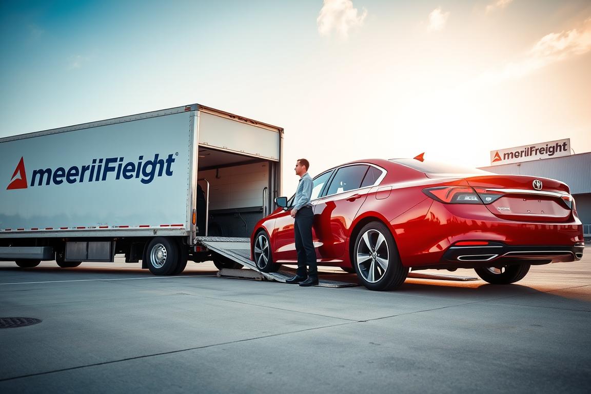 A professional car shipping service scene featuring an AmeriFreight branded transport truck loading a car. In the foreground, the truck is partially docked at a well-maintained loading area with a smooth surface. The car being loaded is a sleek, modern sedan in a vibrant color, emphasizing quality and care. In the middle, a certified AmeriFreight employee in business attire carefully supervises the loading process, showcasing professionalism. The background includes a clear sky with soft, natural lighting to create an inviting atmosphere, while the company logo is visible on the truck and in the wider transport yard. The overall mood is one of trust and reliability, perfect for illustrating a professional car shipping service. A professional car shipping service scene featuring an AmeriFreight branded transport truck loading a car. In the foreground, the truck is partially docked at a well-maintained loading area with a smooth surface. The car being loaded is a sleek, modern sedan in a vibrant color, emphasizing quality and care. In the middle, a certified AmeriFreight employee in business attire carefully supervises the loading process, showcasing professionalism. The background includes a clear sky with soft, natural lighting to create an inviting atmosphere, while the company logo is visible on the truck and in the wider transport yard. The overall mood is one of trust and reliability, perfect for illustrating a professional car shipping service.