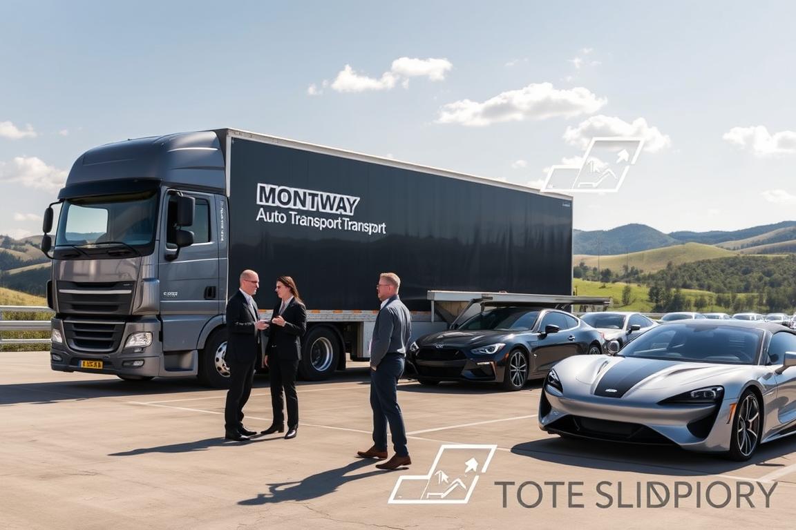 A professional, sleek auto transport truck displaying the Montway Auto Transport logo prominently on its side, parked in a modern logistics yard in North Carolina. In the foreground, there are two individuals dressed in business attire discussing the transport process, exuding professionalism and confidence. The middle ground showcases a fleet of cars ready for transport, gleaming under natural sunlight. In the background, rolling hills of North Carolina create a serene atmosphere, with a clear blue sky dotted with soft clouds. The lighting is bright and inviting, casting gentle shadows to enhance depth. The overall mood is one of efficiency and reliability, embodying the values of Montway Auto Transport as a premier car shipping service. A professional, sleek auto transport truck displaying the Montway Auto Transport logo prominently on its side, parked in a modern logistics yard in North Carolina. In the foreground, there are two individuals dressed in business attire discussing the transport process, exuding professionalism and confidence. The middle ground showcases a fleet of cars ready for transport, gleaming under natural sunlight. In the background, rolling hills of North Carolina create a serene atmosphere, with a clear blue sky dotted with soft clouds. The lighting is bright and inviting, casting gentle shadows to enhance depth. The overall mood is one of efficiency and reliability, embodying the values of Montway Auto Transport as a premier car shipping service.