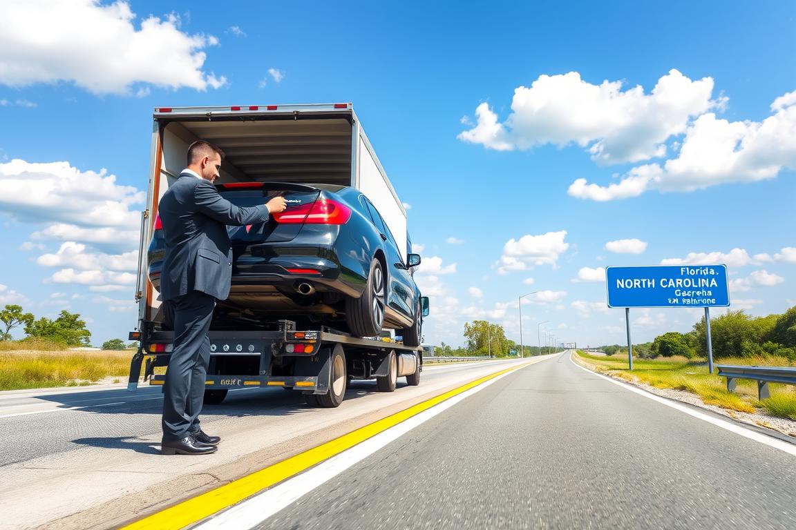 A scenic view depicting a car being loaded onto a transport truck, symbolizing car shipping from Florida to North Carolina. In the foreground, a professional driver in business attire gently secures the vehicle, showcasing attention to care and safety. In the middle ground, a large transport truck is parked on a sunny highway, with a few trees lining the side. The background features a road sign indicating the route to North Carolina, with a clear blue sky above and soft, puffy clouds. The mood conveys professionalism and reliability in car shipping services, highlighting the journey and connection between the two states. The lighting is bright and inviting, emphasizing the warmth of a sunny day. A scenic view depicting a car being loaded onto a transport truck, symbolizing car shipping from Florida to North Carolina. In the foreground, a professional driver in business attire gently secures the vehicle, showcasing attention to care and safety. In the middle ground, a large transport truck is parked on a sunny highway, with a few trees lining the side. The background features a road sign indicating the route to North Carolina, with a clear blue sky above and soft, puffy clouds. The mood conveys professionalism and reliability in car shipping services, highlighting the journey and connection between the two states. The lighting is bright and inviting, emphasizing the warmth of a sunny day.
