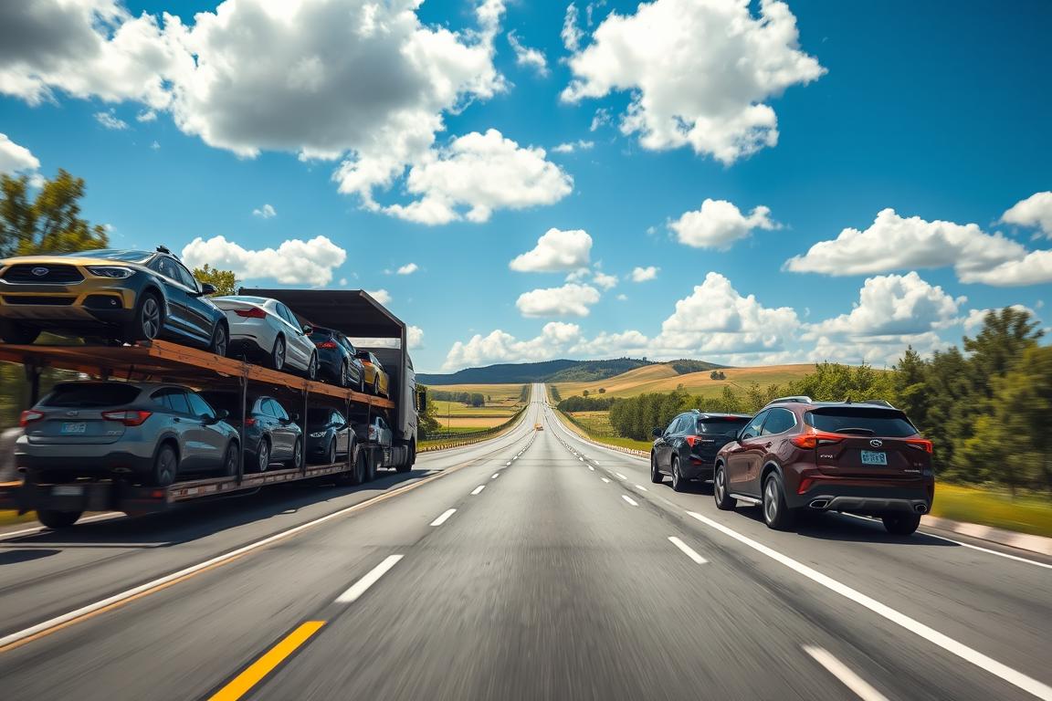 A scenic viewpoint of an auto transport truck on a highway between New York and Michigan. In the foreground, the car carrier is filled with various vehicles, showcasing different models and colors, reflecting the diversity of cars shipped. The middle ground displays a clear, open road stretching into the distance, with green trees lining the sides, creating a sense of motion. The background features rolling hills and a vibrant blue sky with fluffy white clouds, enhancing the travel theme. The lighting is bright and sunny, conveying a cheerful mood. Capture the image from a slightly elevated angle to give a comprehensive view of the transport scene, making it feel dynamic and engaging. A scenic viewpoint of an auto transport truck on a highway between New York and Michigan. In the foreground, the car carrier is filled with various vehicles, showcasing different models and colors, reflecting the diversity of cars shipped. The middle ground displays a clear, open road stretching into the distance, with green trees lining the sides, creating a sense of motion. The background features rolling hills and a vibrant blue sky with fluffy white clouds, enhancing the travel theme. The lighting is bright and sunny, conveying a cheerful mood. Capture the image from a slightly elevated angle to give a comprehensive view of the transport scene, making it feel dynamic and engaging.