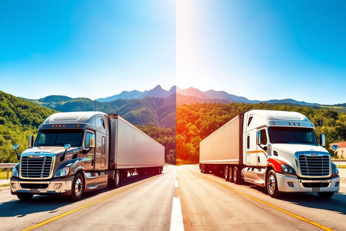 A side-by-side comparison image illustrating vehicle transport between North Carolina and Georgia. In the foreground, two distinct transport trucks, one representing a North Carolina car shipping company and the other a Georgia company, are parked side by side. The middle ground features a beautiful landscape blending North Carolina's lush green mountains and Georgian flatlands under a clear blue sky. The background showcases notable landmarks from each state, such as the Blue Ridge Mountains and the Peach State's iconic peach trees. Use bright, natural lighting to emphasize the details and create a vibrant, professional atmosphere. The angle should focus on the trucks while allowing the landscapes to enhance the overall comparison without clutter or distractions. A side-by-side comparison image illustrating vehicle transport between North Carolina and Georgia. In the foreground, two distinct transport trucks, one representing a North Carolina car shipping company and the other a Georgia company, are parked side by side. The middle ground features a beautiful landscape blending North Carolina's lush green mountains and Georgian flatlands under a clear blue sky. The background showcases notable landmarks from each state, such as the Blue Ridge Mountains and the Peach State's iconic peach trees. Use bright, natural lighting to emphasize the details and create a vibrant, professional atmosphere. The angle should focus on the trucks while allowing the landscapes to enhance the overall comparison without clutter or distractions.