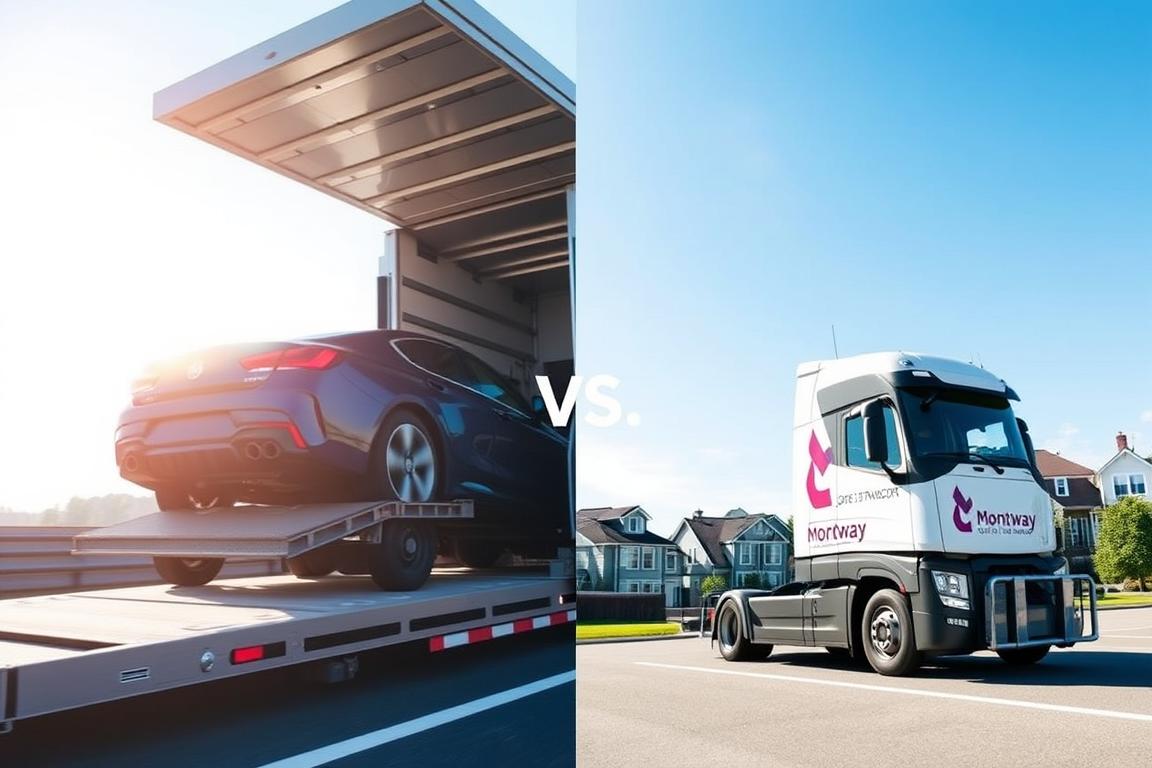 A split-image comparison scene depicting two car shipping companies, Montway and John 3:16 Transport. In the foreground, showcase a sleek, modern car being loaded onto a transport truck, with stylized branding for each company on the trucks. In the middle ground, feature side-by-side comparisons of the trucks in dynamic poses: one truck is on a bustling highway under a bright, blue sky, while the other is parked in a serene, suburban setting, surrounded by homes and greenery. In the background, outline a clear, sunny day, casting soft shadows, evoking a sense of trust and professionalism. The overall mood should be informative and engaging, inviting viewers to explore the features of each service. A split-image comparison scene depicting two car shipping companies, Montway and John 3:16 Transport. In the foreground, showcase a sleek, modern car being loaded onto a transport truck, with stylized branding for each company on the trucks. In the middle ground, feature side-by-side comparisons of the trucks in dynamic poses: one truck is on a bustling highway under a bright, blue sky, while the other is parked in a serene, suburban setting, surrounded by homes and greenery. In the background, outline a clear, sunny day, casting soft shadows, evoking a sense of trust and professionalism. The overall mood should be informative and engaging, inviting viewers to explore the features of each service.