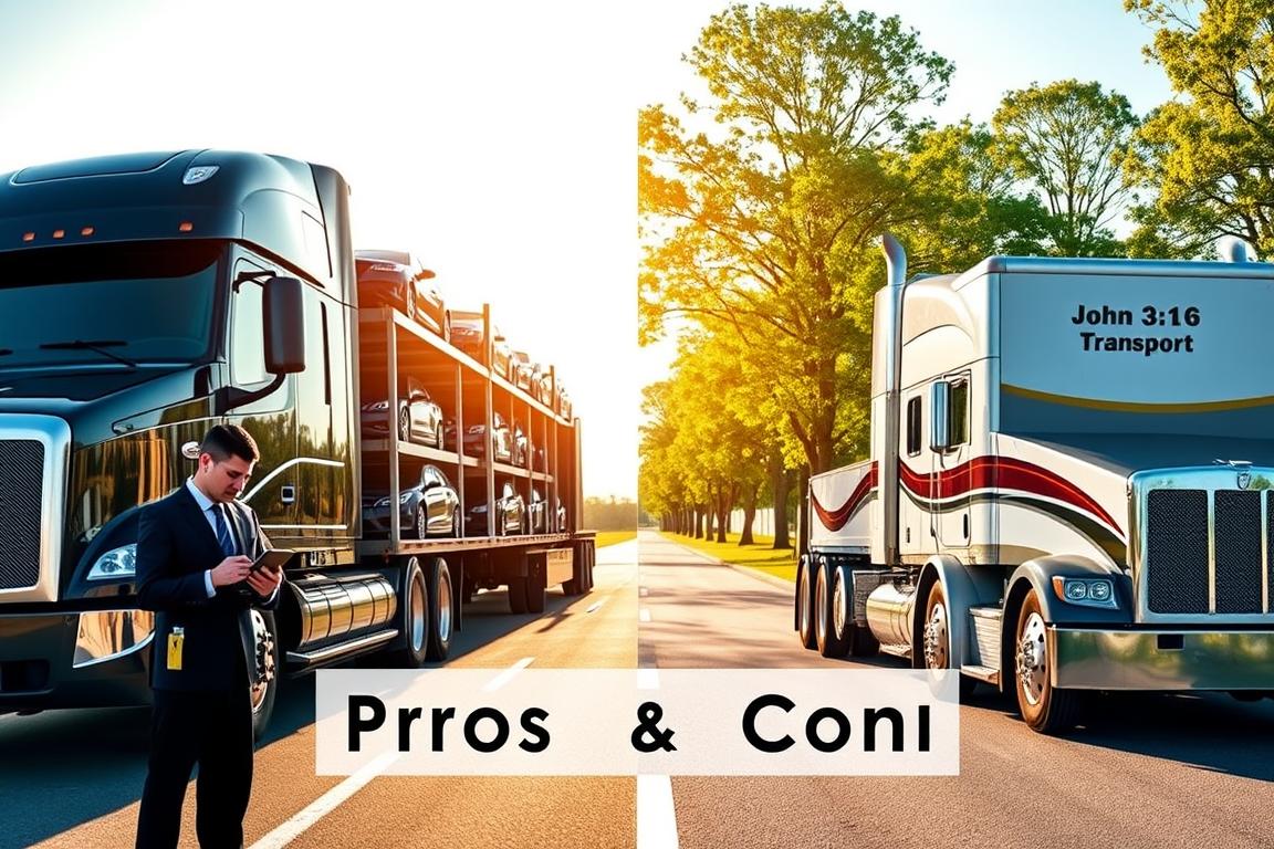 A split image showcasing a comparison between two car shipping services in North Carolina. On the left, a sleek Montway transport truck loaded with shiny vehicles, set against a bright, sunny sky to evoke reliability. The foreground features a professional driver in business attire checking his logistics tablet, exuding a sense of professionalism. On the right, a John 3:16 Transport truck, displaying a more rugged appearance, parked in a park-like setting with trees and greenery, offering a softer, more community-oriented vibe. The middle ground includes an open road that seamlessly connects both trucks. The lighting is warm and inviting, highlighting the vehicles' features while the atmosphere is focused and informative, perfect for a pros and cons comparison. A split image showcasing a comparison between two car shipping services in North Carolina. On the left, a sleek Montway transport truck loaded with shiny vehicles, set against a bright, sunny sky to evoke reliability. The foreground features a professional driver in business attire checking his logistics tablet, exuding a sense of professionalism. On the right, a John 3:16 Transport truck, displaying a more rugged appearance, parked in a park-like setting with trees and greenery, offering a softer, more community-oriented vibe. The middle ground includes an open road that seamlessly connects both trucks. The lighting is warm and inviting, highlighting the vehicles' features while the atmosphere is focused and informative, perfect for a pros and cons comparison.