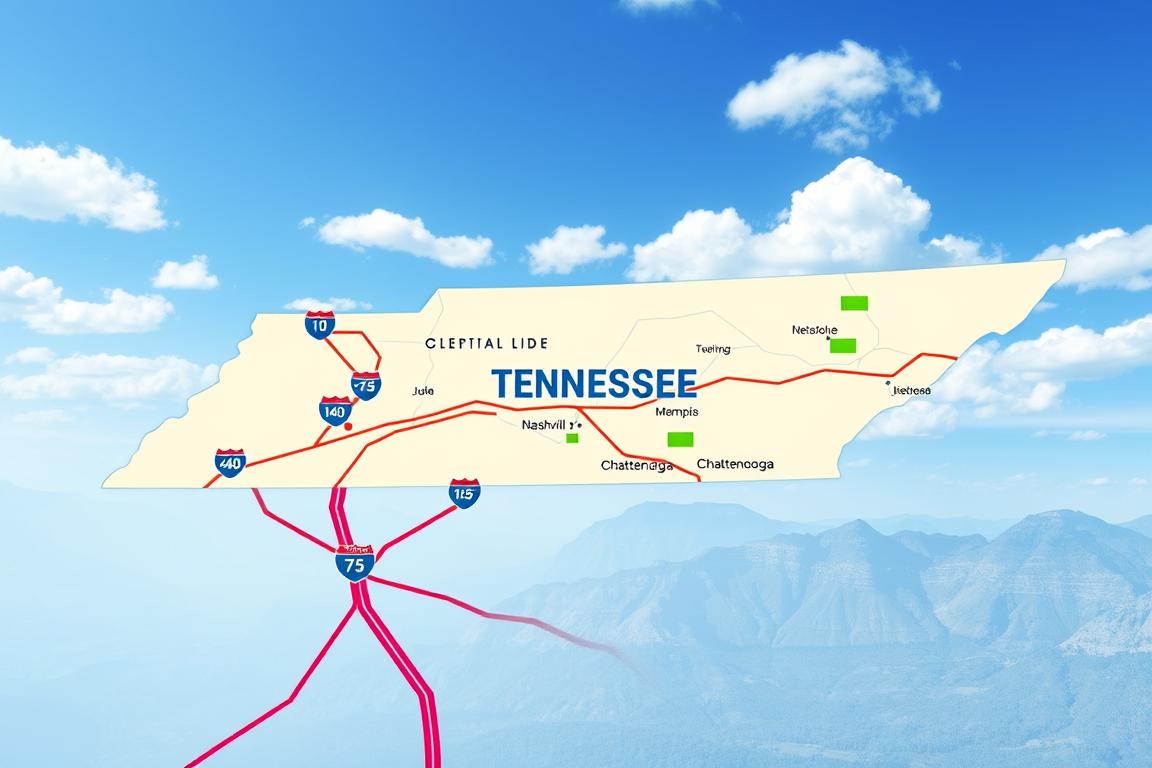 A visually engaging map showcasing long-distance car shipping routes centered around Tennessee. In the foreground, highlight several prominent highways and interstates such as I-40 and I-75, using bright, contrasting colors to indicate the routes. The middle layer should feature a stylized representation of Tennessee, with key cities like Nashville, Memphis, and Chattanooga marked clearly. In the background, include subtle mountainous landscapes reflecting the region's geography, with clear blue skies and fluffy clouds to create a vibrant atmosphere. Use a wide-angle perspective to encompass the expansive routes while maintaining clarity of details. The overall mood should evoke a sense of adventure and connectivity, inviting viewers to explore long-distance vehicle transport options. A visually engaging map showcasing long-distance car shipping routes centered around Tennessee. In the foreground, highlight several prominent highways and interstates such as I-40 and I-75, using bright, contrasting colors to indicate the routes. The middle layer should feature a stylized representation of Tennessee, with key cities like Nashville, Memphis, and Chattanooga marked clearly. In the background, include subtle mountainous landscapes reflecting the region's geography, with clear blue skies and fluffy clouds to create a vibrant atmosphere. Use a wide-angle perspective to encompass the expansive routes while maintaining clarity of details. The overall mood should evoke a sense of adventure and connectivity, inviting viewers to explore long-distance vehicle transport options.