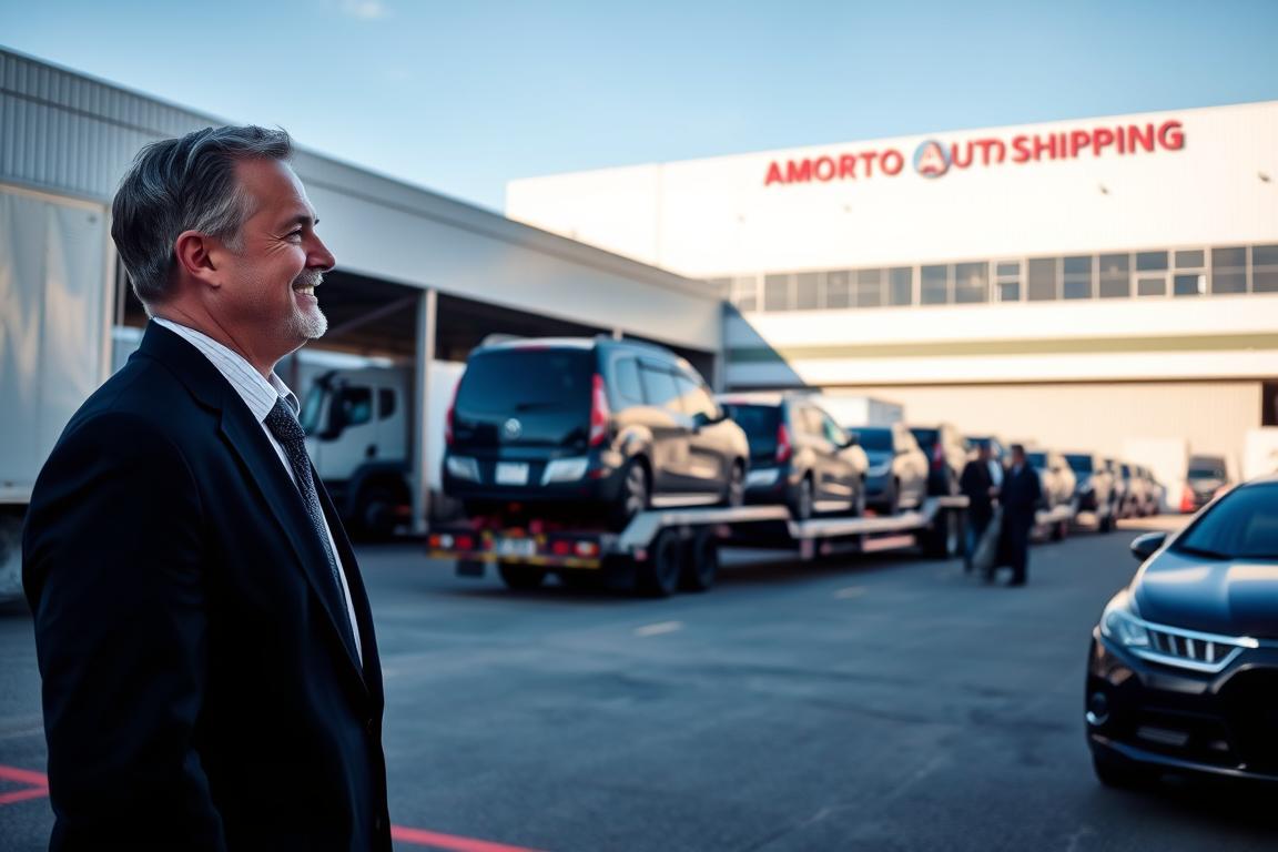 A well-organized car shipping terminal in North Carolina during the daytime, showcasing a fleet of transport trucks and enclosed carriers parked neatly. In the foreground, a professional, smiling employee in a business suit is discussing logistics with a customer, reflecting trust and reliability. The middle ground features multiple cars being loaded onto a carrier, with a clear blue sky above and sunlight casting soft shadows. In the background, a large facility with a colorful American Auto Shipping logo on the building creates a sense of professionalism. The image should convey a sense of efficiency and reliability, with vibrant colors and natural lighting that enhances the welcoming atmosphere. The angle is slightly elevated to capture the entire environment while focusing on the human interaction. A well-organized car shipping terminal in North Carolina during the daytime, showcasing a fleet of transport trucks and enclosed carriers parked neatly. In the foreground, a professional, smiling employee in a business suit is discussing logistics with a customer, reflecting trust and reliability. The middle ground features multiple cars being loaded onto a carrier, with a clear blue sky above and sunlight casting soft shadows. In the background, a large facility with a colorful American Auto Shipping logo on the building creates a sense of professionalism. The image should convey a sense of efficiency and reliability, with vibrant colors and natural lighting that enhances the welcoming atmosphere. The angle is slightly elevated to capture the entire environment while focusing on the human interaction.