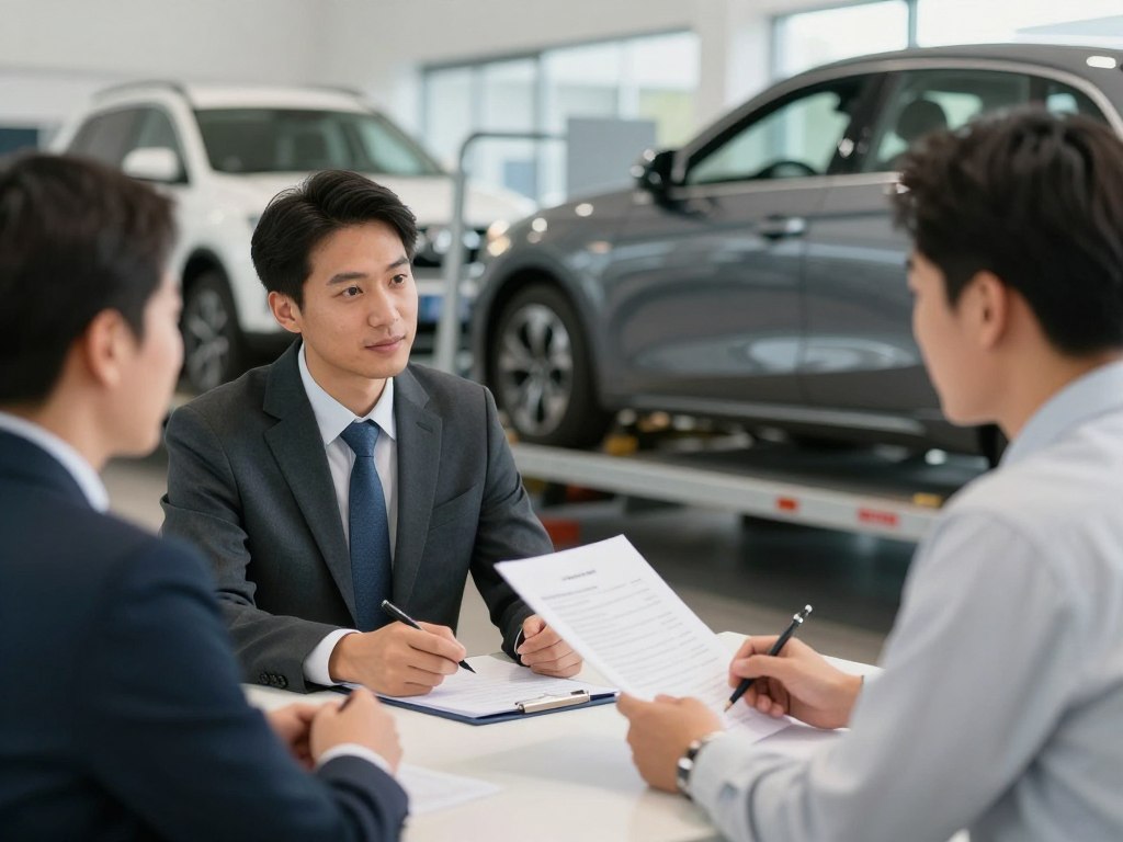 Car reseller discussing auto transport options with John 3:16 Transport representative Car reseller discussing auto transport options with John 3:16 Transport representative