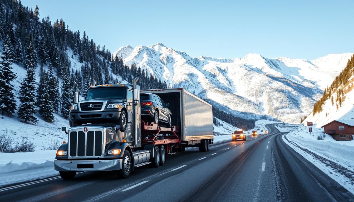 Car transport truck navigating Colorado mountain roads in winter conditions Car transport truck navigating Colorado mountain roads in winter conditions