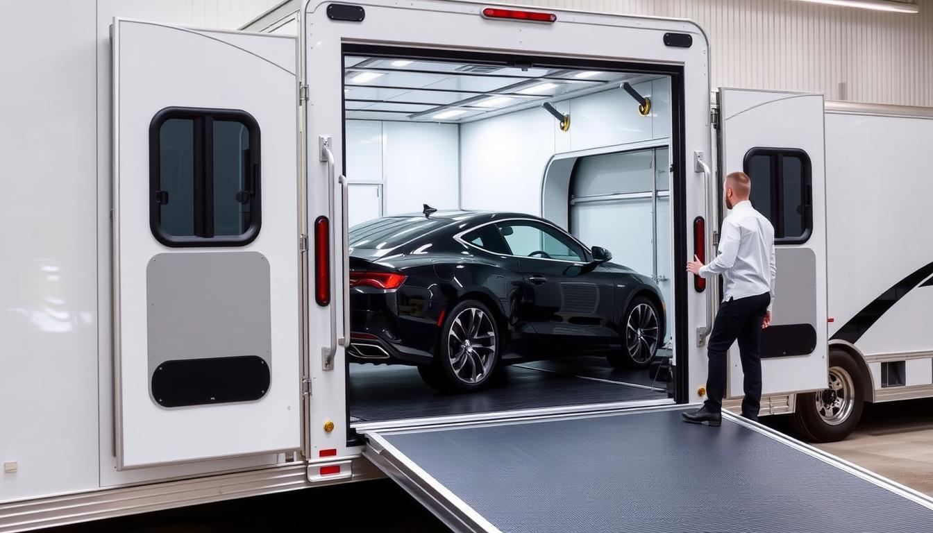 Enclosed auto transport trailer for premium state-to-state car shipping Enclosed auto transport trailer for premium state-to-state car shipping