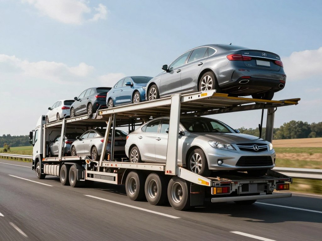 Expedited auto transport truck making fast delivery across country Expedited auto transport truck making fast delivery across country