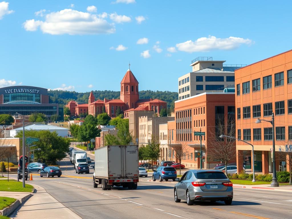 Fayetteville Arkansas with University of Arkansas campus and car shipping in progress Fayetteville Arkansas with University of Arkansas campus and car shipping in progress