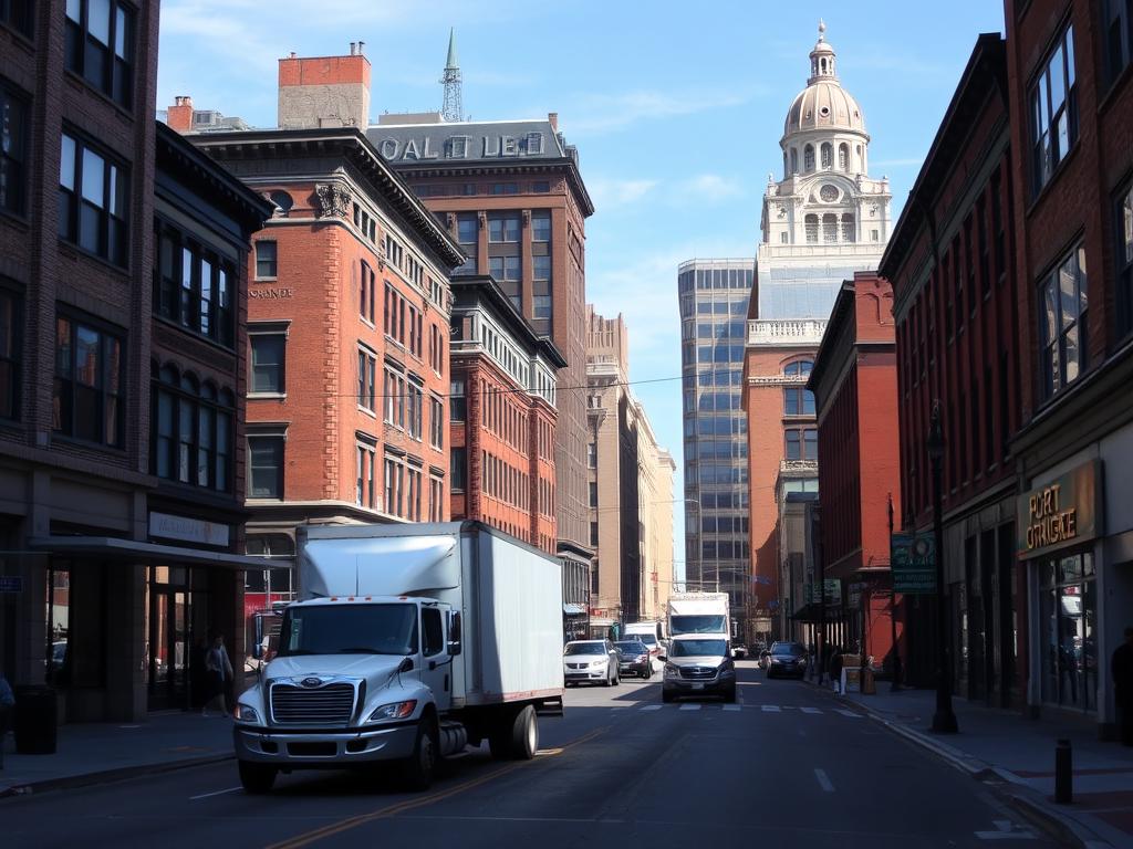 Fort Smith Arkansas downtown area with car carrier loading vehicle Fort Smith Arkansas downtown area with car carrier loading vehicle