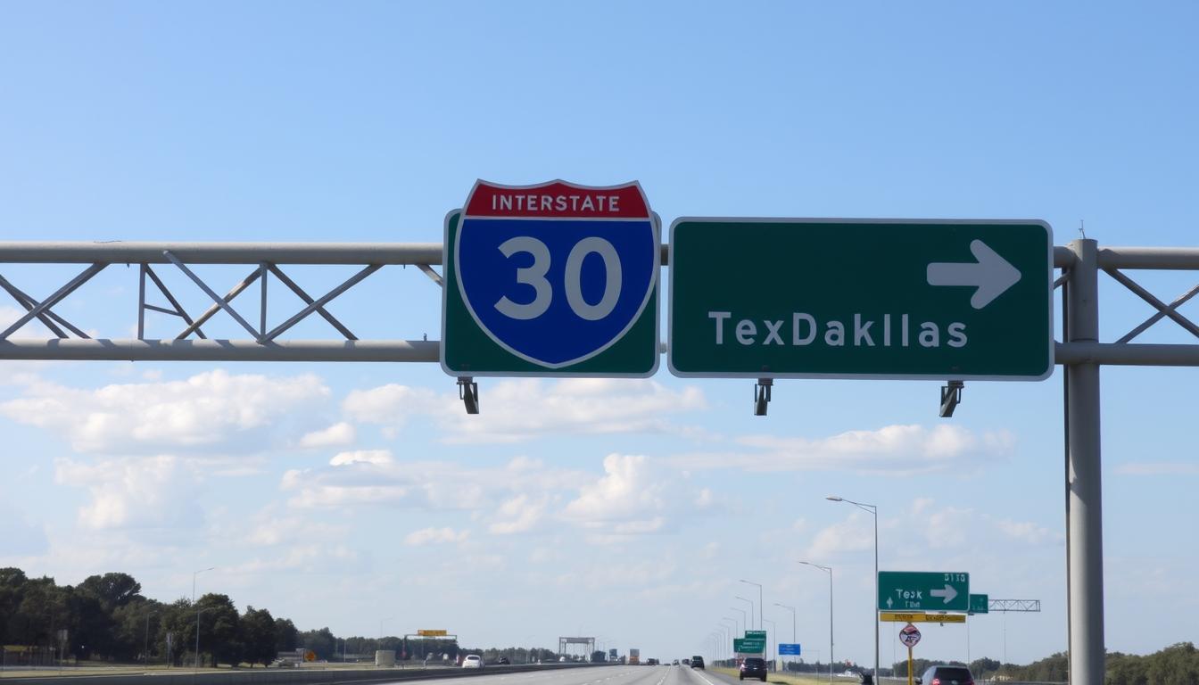 Interstate 30 sign with Dallas direction marker near Texarkana, Arkansas Interstate 30 sign with Dallas direction marker near Texarkana, Arkansas