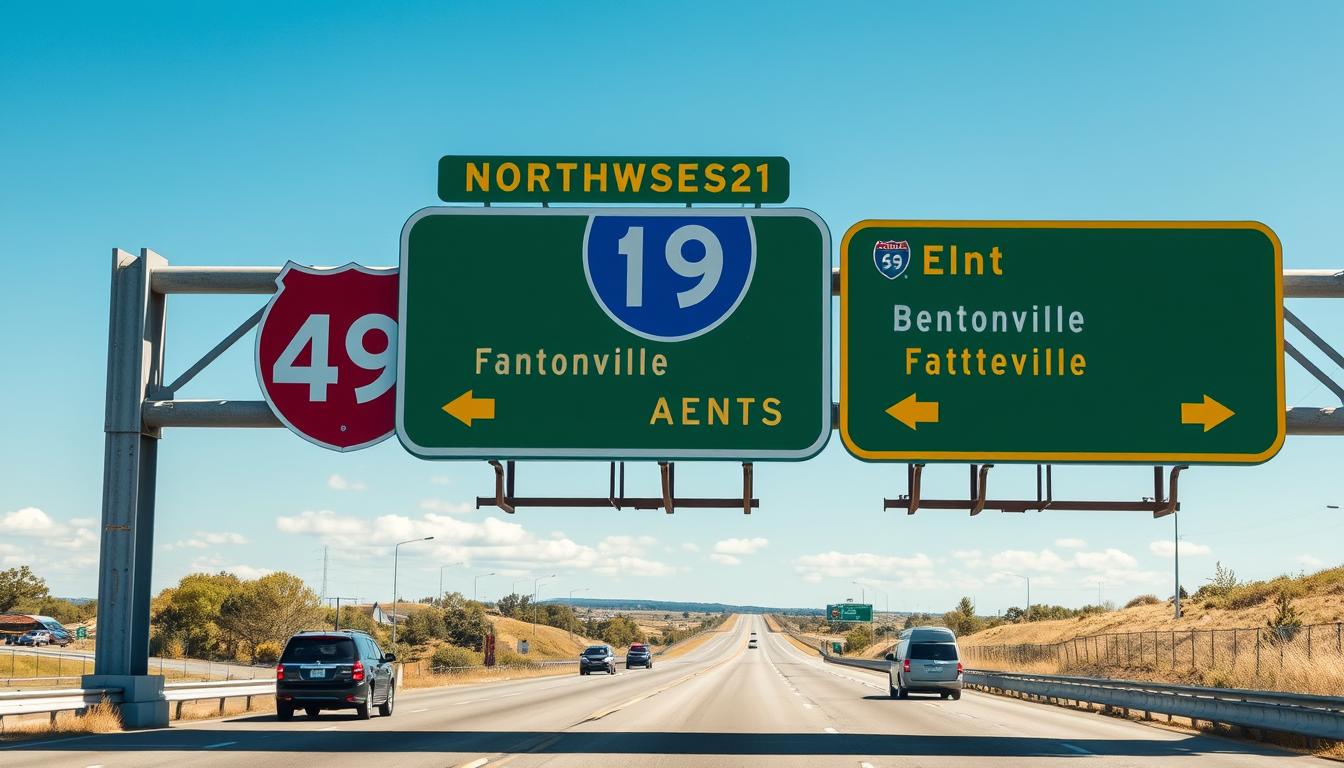 Interstate 49 sign in Northwest Arkansas with Bentonville exit visible Interstate 49 sign in Northwest Arkansas with Bentonville exit visible