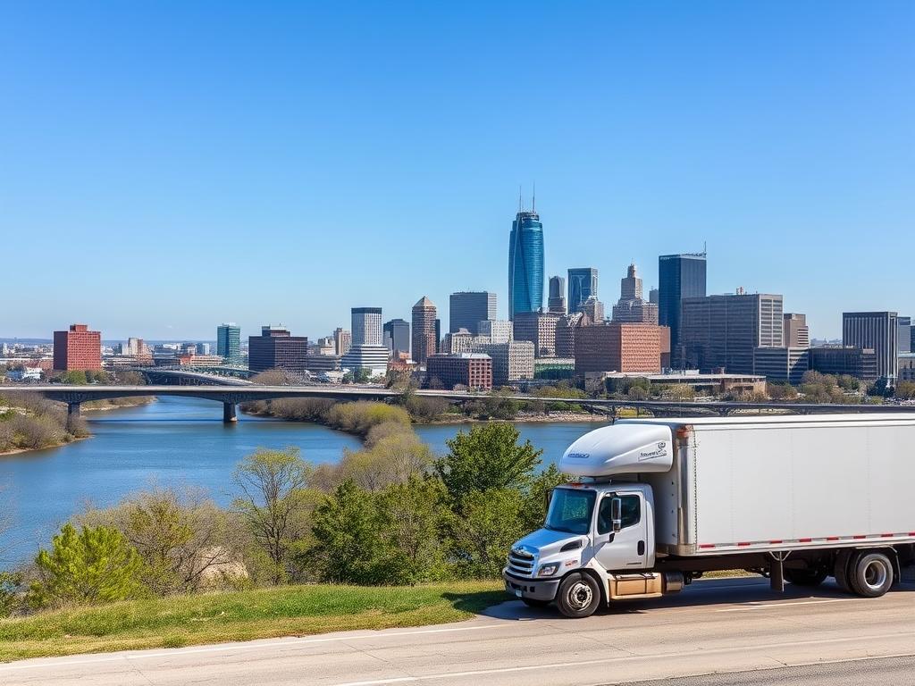 Little Rock skyline with Arkansas River and car transport truck in foreground Little Rock skyline with Arkansas River and car transport truck in foreground