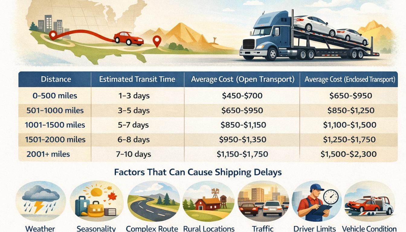 Map showing estimated transit times to send a car to another state across different regions Map showing estimated transit times to send a car to another state across different regions