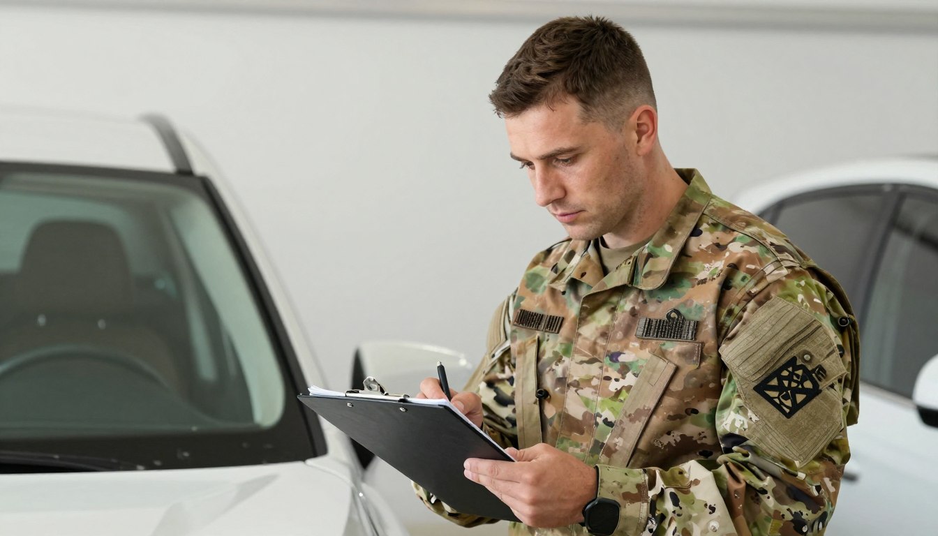Military personnel preparing vehicle for shipping with inspection checklist Military personnel preparing vehicle for shipping with inspection checklist