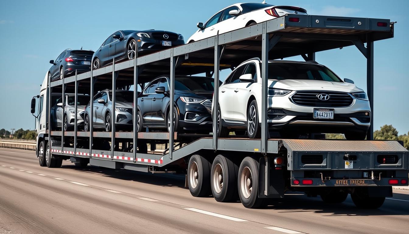 Open auto transport truck carrying multiple vehicles for state-to-state shipping Open auto transport truck carrying multiple vehicles for state-to-state shipping