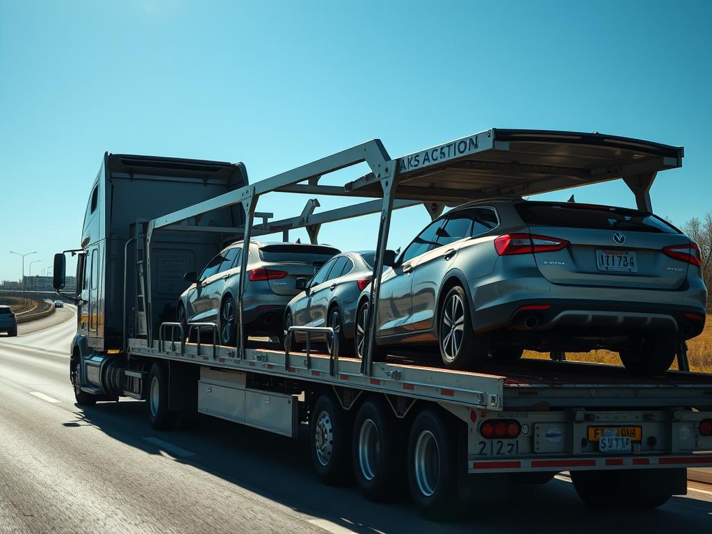 Open car carrier transporting multiple vehicles on an Arkansas highway Open car carrier transporting multiple vehicles on an Arkansas highway