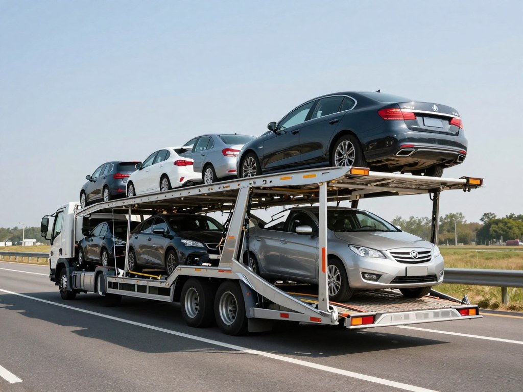 Open car transport trailer carrying military personnel vehicles Open car transport trailer carrying military personnel vehicles