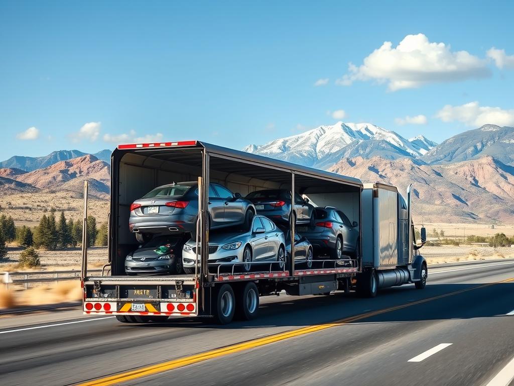 Open car transport trailer carrying multiple vehicles in Colorado Open car transport trailer carrying multiple vehicles in Colorado
