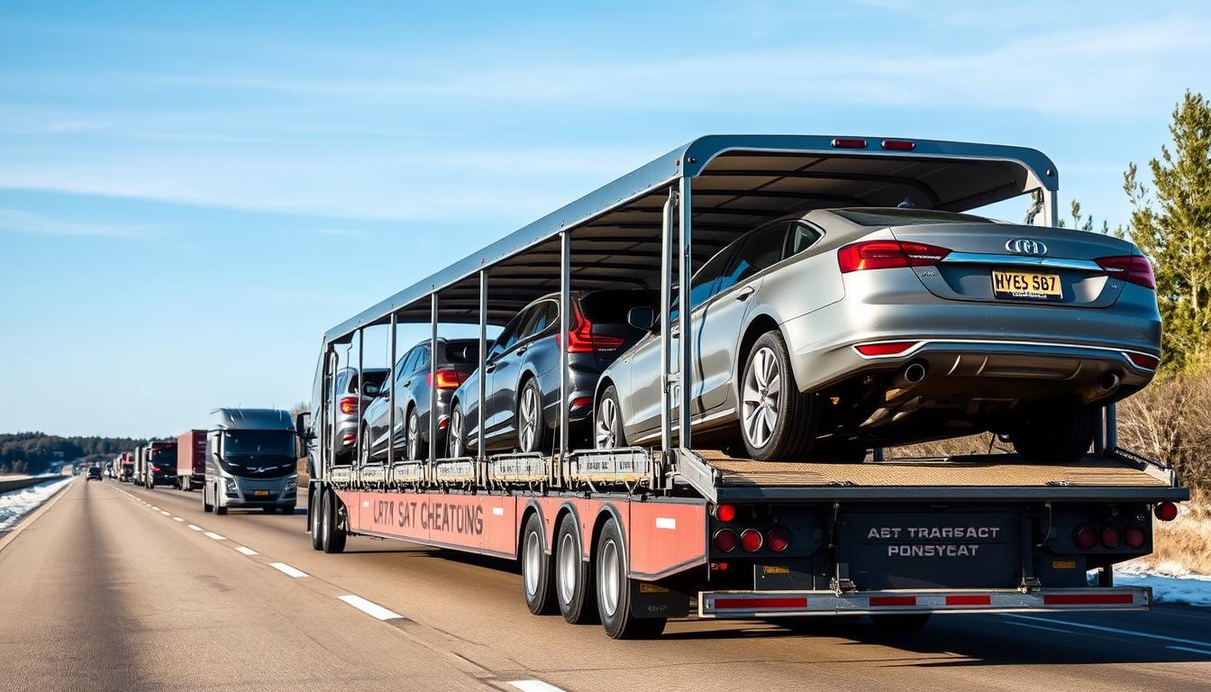 Open car transport trailer carrying vehicles for snowbirds