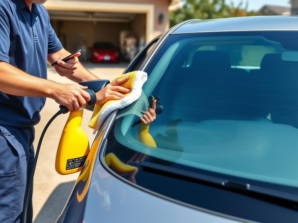 Person preparing car for shipping in Arkansas by cleaning and documenting condition Person preparing car for shipping in Arkansas by cleaning and documenting condition