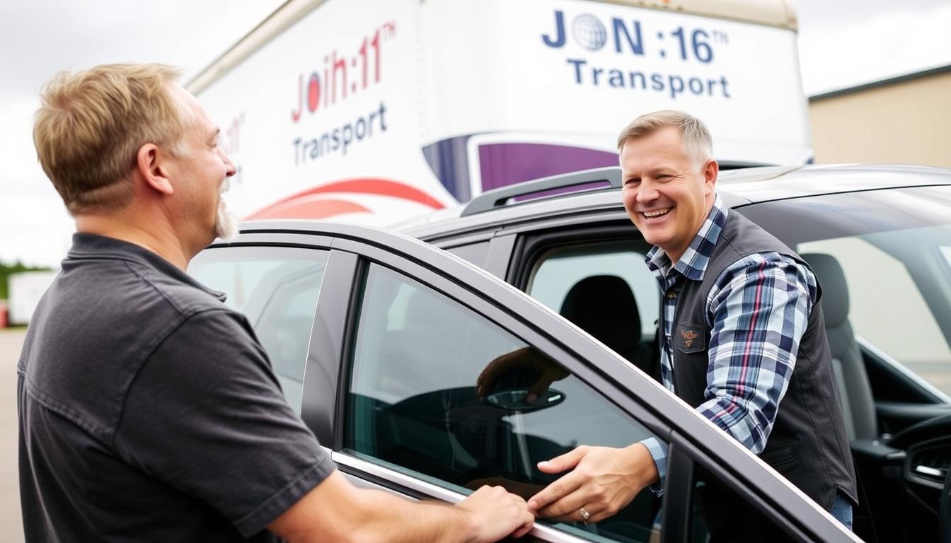 Satisfied customer receiving their vehicle after state-to-state shipping with John 3:16 Transport Satisfied customer receiving their vehicle after state-to-state shipping with John 3:16 Transport