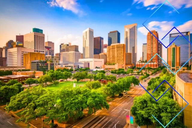 Texas Car Shipping Services in Houston Downtown Houston skyline, representing a central hub for Texas car shipping and vehicle transport services.