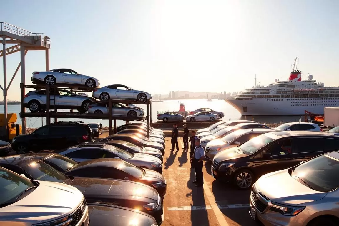 A bustling harbor scene in Long Beach, CA, showcasing a side-by-side comparison of auto transport services. In the foreground, a fleet of shiny vehicles awaits loading onto a towering car carrier. Overhead, a sun-drenched sky casts warm, golden light across the docks. In the middle ground, uniformed operators expertly guide the loading process, while in the background, the iconic Queen Mary and distant cityscape provide a picturesque setting. The scene conveys a sense of efficiency, reliability, and attention to detail - the hallmarks of a premier auto transport provider serving the West Coast. A bustling harbor scene in Long Beach, CA, showcasing a side-by-side comparison of auto transport services. In the foreground, a fleet of shiny vehicles awaits loading onto a towering car carrier. Overhead, a sun-drenched sky casts warm, golden light across the docks. In the middle ground, uniformed operators expertly guide the loading process, while in the background, the iconic Queen Mary and distant cityscape provide a picturesque setting. The scene conveys a sense of efficiency, reliability, and attention to detail - the hallmarks of a premier auto transport provider serving the West Coast.