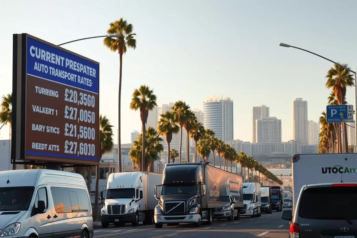 A busy street in Long Beach, CA, with various auto transport companies prominently displaying their pricing information. In the foreground, a large digital billboard showcases current market rates for vehicle shipping, with clear, easy-to-read typography. In the middle ground, well-maintained auto transport trucks are visible, conveying a sense of professionalism and reliability. The background features the iconic palm trees and coastal architecture that define the Long Beach skyline, bathed in warm, golden afternoon light. The overall scene depicts a thriving, competitive auto transport industry, catering to the needs of customers in this vibrant, coastal setting. A busy street in Long Beach, CA, with various auto transport companies prominently displaying their pricing information. In the foreground, a large digital billboard showcases current market rates for vehicle shipping, with clear, easy-to-read typography. In the middle ground, well-maintained auto transport trucks are visible, conveying a sense of professionalism and reliability. The background features the iconic palm trees and coastal architecture that define the Long Beach skyline, bathed in warm, golden afternoon light. The overall scene depicts a thriving, competitive auto transport industry, catering to the needs of customers in this vibrant, coastal setting.