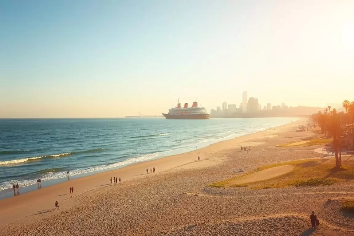 A serene coastal landscape, with the iconic Long Beach shoreline stretching into the distance. The warm, golden sunlight bathes the sandy beach, where beachgoers stroll leisurely, enjoying the gentle ocean breeze. In the middle ground, the historic Queen Mary cruise ship stands majestically, a symbol of Long Beach's maritime heritage. Distant skyscrapers and palm trees frame the scene, creating a picturesque, quintessential California setting. The image is captured with a wide-angle lens, showcasing the breathtaking scale and grandeur of this premier auto transport destination on the West Coast. A serene coastal landscape, with the iconic Long Beach shoreline stretching into the distance. The warm, golden sunlight bathes the sandy beach, where beachgoers stroll leisurely, enjoying the gentle ocean breeze. In the middle ground, the historic Queen Mary cruise ship stands majestically, a symbol of Long Beach's maritime heritage. Distant skyscrapers and palm trees frame the scene, creating a picturesque, quintessential California setting. The image is captured with a wide-angle lens, showcasing the breathtaking scale and grandeur of this premier auto transport destination on the West Coast.