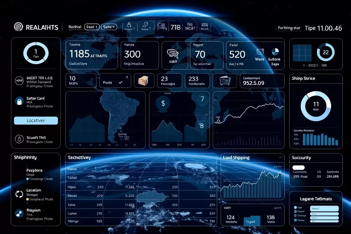 An intricate dashboard displaying real-time shipment tracking data, with a clean, minimalist interface. Sleek icons and visuals convey package status, delivery updates, and location details. Satellite imagery in the background showcases the global transportation network, while soft lighting and subtle gradients create a sense of sophistication. Precise camera angles capture the technological precision and reliability of the system, instilling confidence in the service provided. An intricate dashboard displaying real-time shipment tracking data, with a clean, minimalist interface. Sleek icons and visuals convey package status, delivery updates, and location details. Satellite imagery in the background showcases the global transportation network, while soft lighting and subtle gradients create a sense of sophistication. Precise camera angles capture the technological precision and reliability of the system, instilling confidence in the service provided.