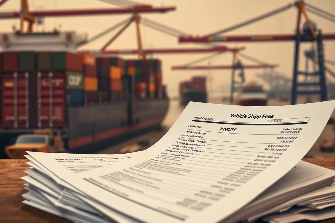 A detailed, high-resolution rendering of vehicle shipping fees, with a focus on the various line items and hidden costs involved. The foreground should prominently feature a stack of itemized invoices and receipts, depicting the different fees associated with international vehicle shipping, such as customs duties, taxes, port handling charges, and transport logistics. The middle ground should showcase a shipping container being loaded onto a cargo ship, emphasizing the scale and complexity of the global logistics network. The background should depict a hazy, industrial landscape with cranes, warehouses, and other infrastructure, conveying the sense of a bustling international shipping hub. Warm, muted tones should create a sense of seriousness and attention to detail, while the composition and lighting should lend a sense of depth and realism to the scene. A detailed, high-resolution rendering of vehicle shipping fees, with a focus on the various line items and hidden costs involved. The foreground should prominently feature a stack of itemized invoices and receipts, depicting the different fees associated with international vehicle shipping, such as customs duties, taxes, port handling charges, and transport logistics. The middle ground should showcase a shipping container being loaded onto a cargo ship, emphasizing the scale and complexity of the global logistics network. The background should depict a hazy, industrial landscape with cranes, warehouses, and other infrastructure, conveying the sense of a bustling international shipping hub. Warm, muted tones should create a sense of seriousness and attention to detail, while the composition and lighting should lend a sense of depth and realism to the scene.
