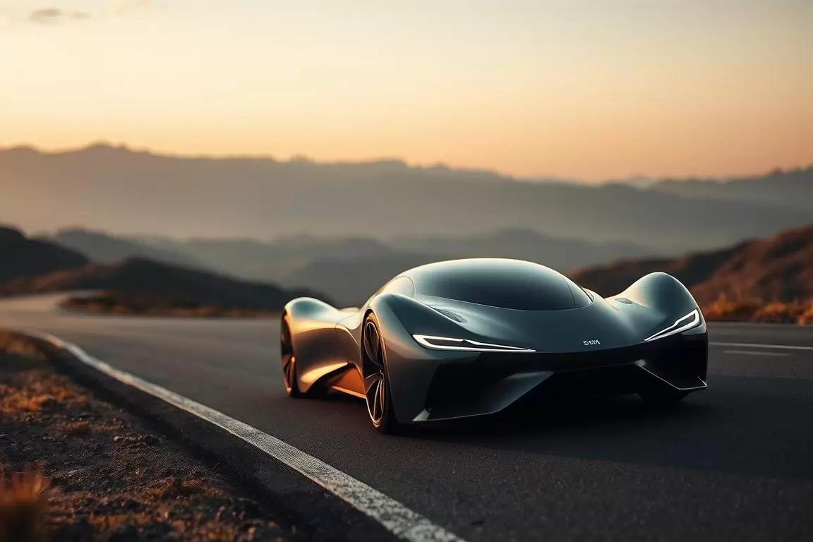 A sleek, metallic-gray ship-shaped car navigates a winding road against the backdrop of a quintessential American landscape. The vehicle's aerodynamic design and futuristic aesthetic evoke a sense of innovation and technological advancement. In the foreground, the car's headlights illuminate the path, casting a warm glow on the surroundings. The middle ground features rolling hills and a vast, cloudless sky, creating a sense of depth and expansiveness. In the distance, the silhouettes of majestic mountains loom, adding a sense of grandeur to the scene. The lighting is soft and diffused, creating a dreamlike, cinematic quality that captures the excitement and anticipation of this international journey. A sleek, metallic-gray ship-shaped car navigates a winding road against the backdrop of a quintessential American landscape. The vehicle's aerodynamic design and futuristic aesthetic evoke a sense of innovation and technological advancement. In the foreground, the car's headlights illuminate the path, casting a warm glow on the surroundings. The middle ground features rolling hills and a vast, cloudless sky, creating a sense of depth and expansiveness. In the distance, the silhouettes of majestic mountains loom, adding a sense of grandeur to the scene. The lighting is soft and diffused, creating a dreamlike, cinematic quality that captures the excitement and anticipation of this international journey.