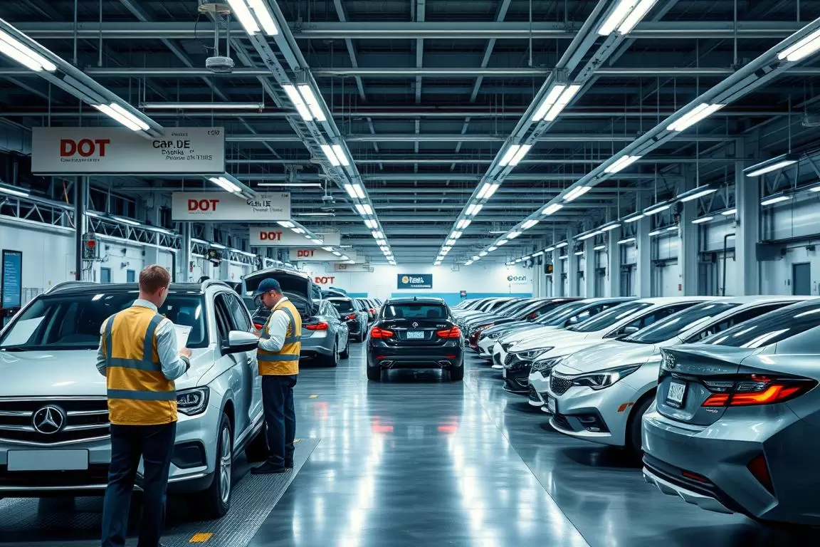 A well-lit, high-resolution photograph of a modern vehicle inspection facility, with a focus on the regulatory standards and compliance processes involved in car import procedures. In the foreground, a team of inspectors meticulously examines the documentation, safety features, and emissions systems of a recently imported vehicle, ensuring it meets all DOT and EPA requirements. In the middle ground, a collection of various makes and models of cars awaiting their turn for inspection, conveying the scale and complexity of the import process. The background features signage, equipment, and infrastructure that highlight the technical nature of the facility, creating a sense of professionalism and attention to detail. The overall scene should convey a sense of order, efficiency, and a commitment to upholding regulatory standards, reflecting the "regulatory compliance made simple" theme of the article section. A well-lit, high-resolution photograph of a modern vehicle inspection facility, with a focus on the regulatory standards and compliance processes involved in car import procedures. In the foreground, a team of inspectors meticulously examines the documentation, safety features, and emissions systems of a recently imported vehicle, ensuring it meets all DOT and EPA requirements. In the middle ground, a collection of various makes and models of cars awaiting their turn for inspection, conveying the scale and complexity of the import process. The background features signage, equipment, and infrastructure that highlight the technical nature of the facility, creating a sense of professionalism and attention to detail. The overall scene should convey a sense of order, efficiency, and a commitment to upholding regulatory standards, reflecting the "regulatory compliance made simple" theme of the article section.